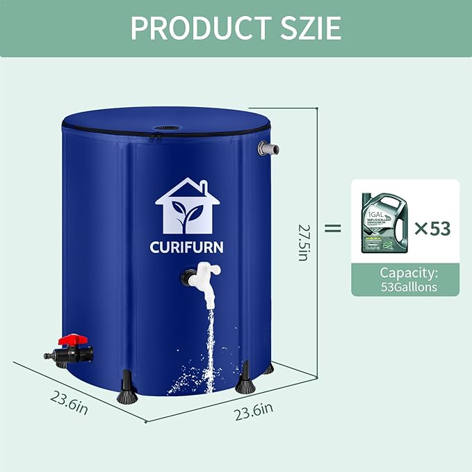 53 Gallon Rain Water Barrel, Portable Rainwater Collect System Water Storage Tank Collapsible Rain Barrel with Filter, Spigot & Overflow Kit (Reinforced Liner+Thickened Legs) - Blue