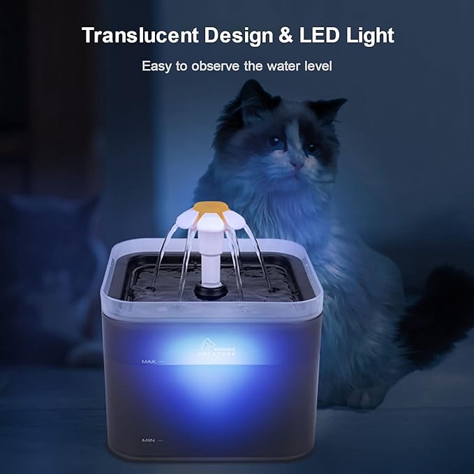 Cat Water Fountain, 67oz/2L Automatic Cat Drinking Fountain, Pet Water Fountain with LED Light and Filter for Cats and Small Dogs (Grey)
