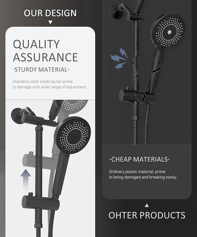 Filtered Shower Head with Handheld Shower Head High Pressure Rainfall System with Slide Bar Dual Filter Softener for Hard Water,6 Spray Modes,Adjustable Height,Black