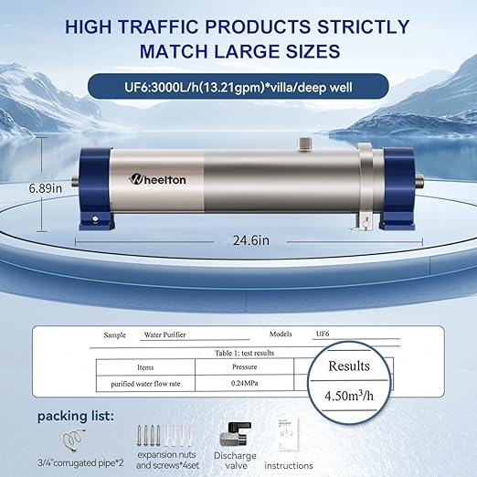 13.21GPM Ultra-Filtration Whole House Water Filter, Stainless Steel Water Filter System for Home, 99.99% of Contaminants Larger Than 0.01μm for Tap/Well/Lake Water- UF6