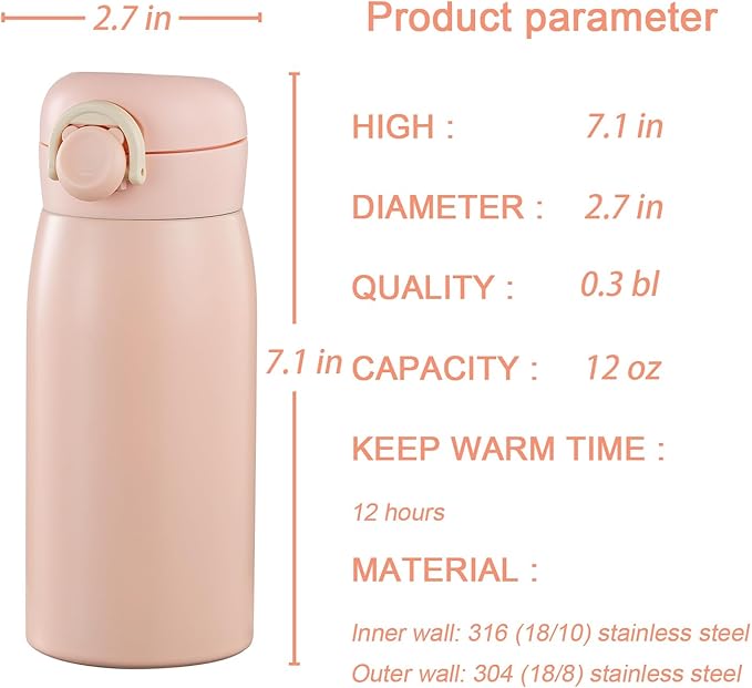 12 oz Mini Water Bottle Small Stainless Steel Thermoses - Insulated Vacuum, Leak Proof, Keeps Drinks Hot/Cold - Ideal for Coffee, beverage, Water - Pink