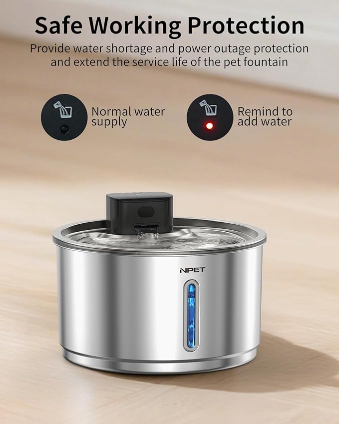 NPET Wireless Cat Water Fountain Stainless Steel, 1Gallon/135oz Battery Operated Automatic Pet Drinking Fountain - Cordless Dog Water Dispenser with Water Level Window for Cats Indoor