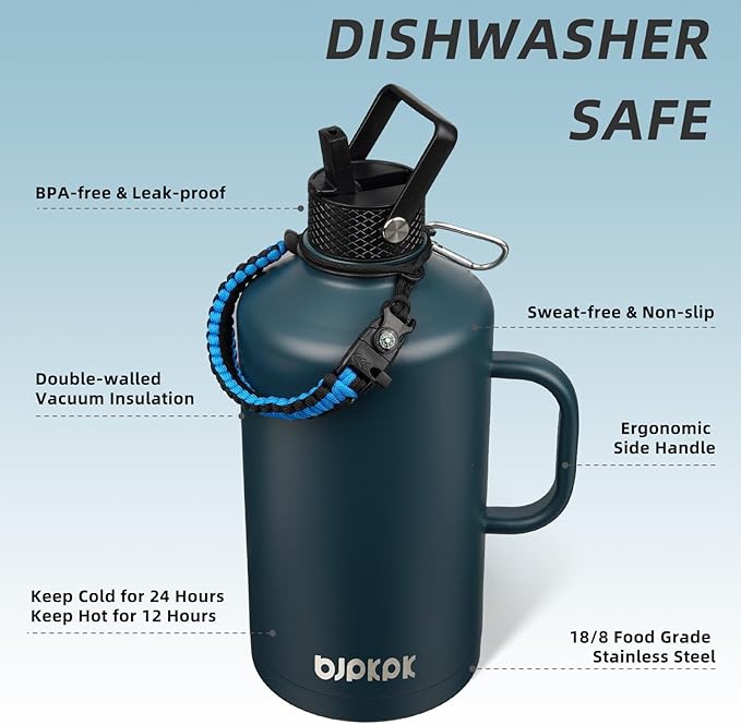 BJPKPK 1 Gallon Water Bottle Insulated with Straw Lid, 128oz Large, Stainless Steel Water Bottles with 3 Lids and Paracord Strap, Double Wall Vacuum Metal Water Jug,Navy Blue