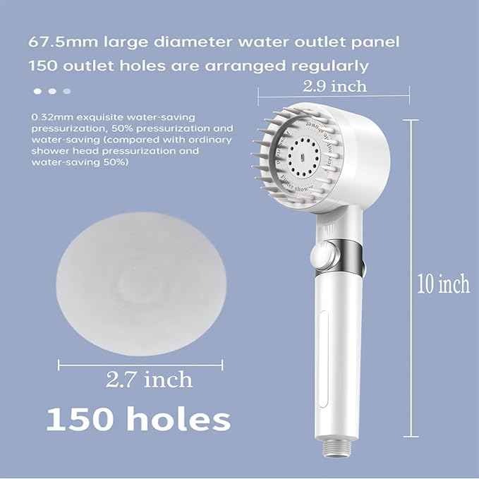 High Pressure Handheld Shower Head High Pressure Shower Heads- High Flow Even with Low Water Pressure - Hand Held Showerhead Set with 59″Replacement Hose/Bracket and Cotton Filters (true white)