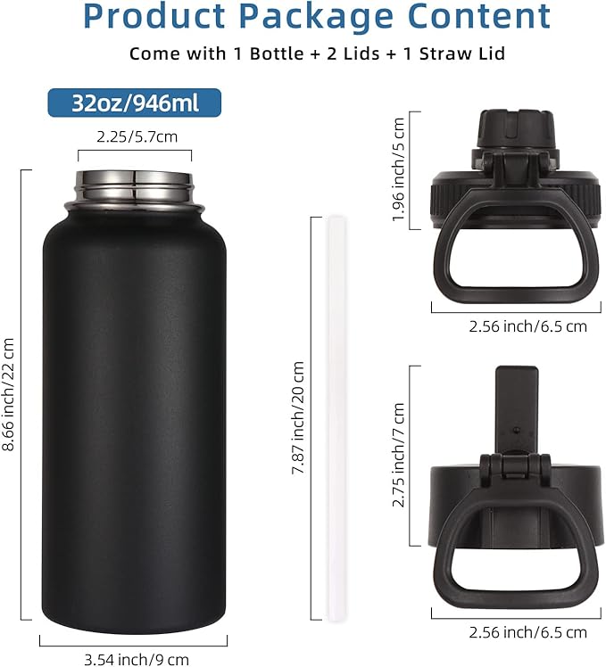 Volhoply 32oz Insulated Water Bottles Bulk 8 Pack with Straw Lid & Spout Lid,Stainless Steel Sports Water Bottle,Double Wall Vacuum Cups,Leakproof Wide Mouth Metal Flask for Hiking,Camping(Black,8)