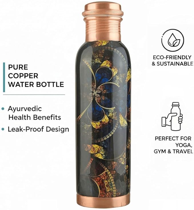 Printed Copper Water Bottle - Leak Proof Ayurvedic Drinkware Copper Vessel for Sports, Gym, Outdoors, Yoga