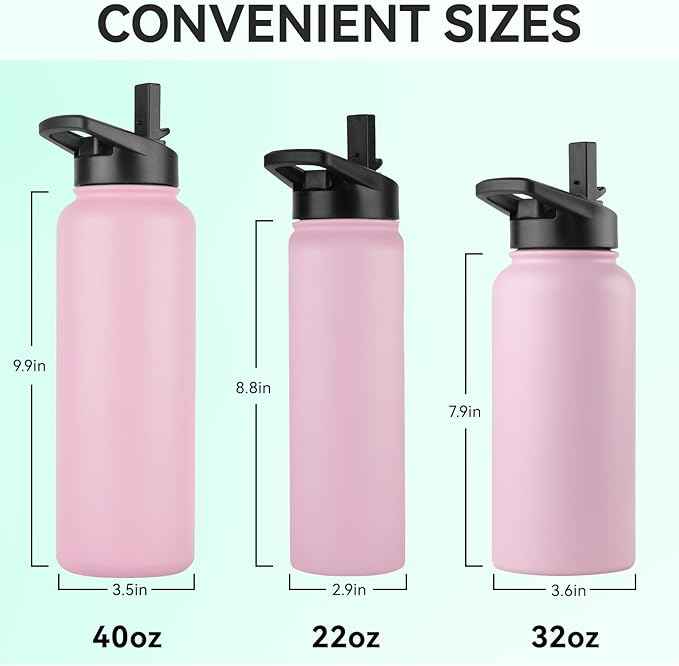 DOMICARE 32 oz Insulated Water Bottle, Vacuum Insulated Stainless Steel Sports Water Bottle with Straw Lid & Spout Lid, Leakproof, Reusable - Travel, Camping, Bike, Pink