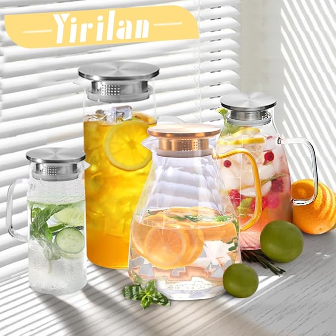 Yirilan Glass Pitcher, 1.5liter Glass Pitcher With Lid, Carafes and Pitchers, Iced Tea Pitcher, Water Carafe With Handle, Heat Resistant Borosilicate Glass Jug, Beverage Pitcher, Tea Jug With Brush