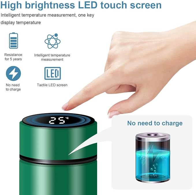 Smart Water Bottle Stainless Steel Vacuum Flask,Travel Mug with Smart LCD Touch Screen, Keep Hot Or Cold, Car Portable Travel Tea Coffee Vacuum Thermo Cup,Insulated Water Bottle (Green)