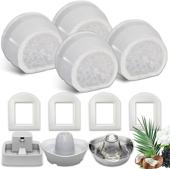 4+4 Pack Cat Water Fountain Replacement Carbon Filter Compatible with PetSafe Drinkwell Ceramic & Stainless Steel Pet Fountains for Cat Dog Water Dispensers with Replacement Foam Filters