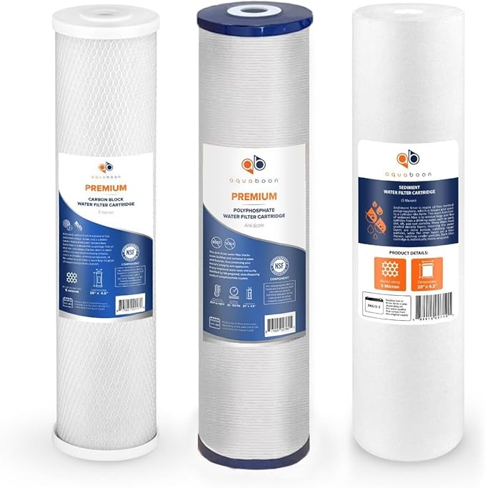 Aquaboon 5 Micron 20 x 4.5 Whole House Water Filter Replacement Cartridge Set: Sediment, Anti-Scale, Carbon for 3-Stage Water Filtration System 1 Pack