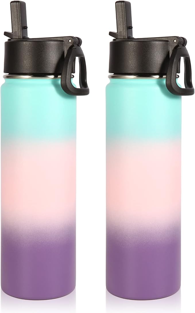 Volhoply Insulated Water Bottles with Straw Bulk 2 Pack, 22 oz Sports Bottle with Handle Lid, Double Walled Vacuum Water Cups with Wide Mouth, Reusable Water Flask for Hiking(Gradient Color,2 Set)