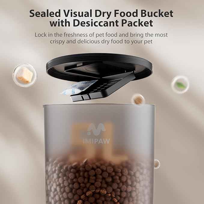 IMIPAW Automatic Cat Feeders, 5L Large Capacity, Timed Feeding Dry Food, Dual Power Design, Programmable Portion Size, 1-6 Meals Per Day, with Desiccant, Suitable for Small Pets Food Dispenser, Black