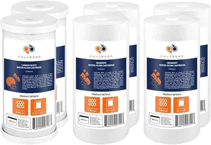 Aquaboon 5 Micron 10 x 4.5 Carbon Block Chlorine Reduction Cartrige and 2 Sediment Reduction Water Filter - Whole House Water Filter Replacement, 2-Pack