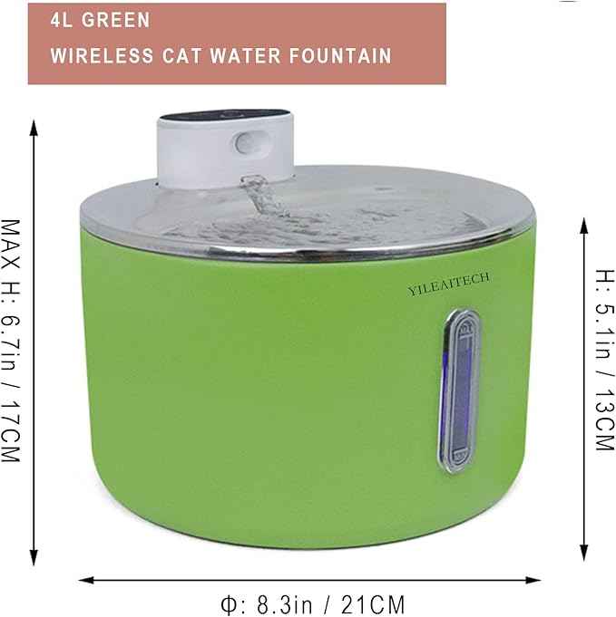 Wireless Cat Water Fountain Stainless Steel, 135oz/4L Cat Fountain, Battery Operated, Cordless Pet Water Fountain for Cats & Dogs with Motion Sensor, Ultra Quiet Pump, 12 Filters (Green, 4L)