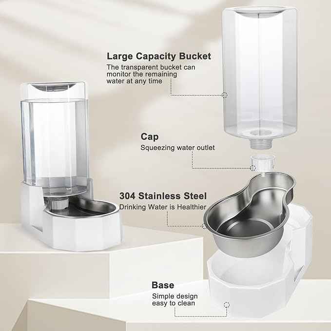 Sfozstra Automatic Pet Water Dispenser: 8L White Gravity Stainless Steel Water Bowl - with Specialized Brush - Angular Water Feeder for Senior Pet Dogs with Neck Pain Relief in Living Room Bedroom