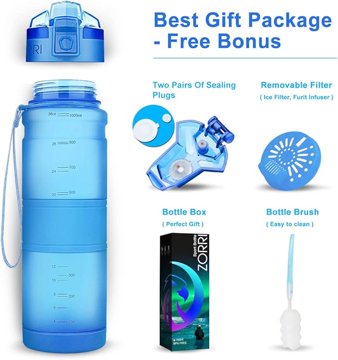 ZORRI Sports Water Bottle, 400/500/700ml/1L, BPA Free Leak Proof Tritan Lightweight Bottles for Outdoors,Camping,Cycling,Fitness,Gym,Yoga- Kids/Adults Drink Bottles with Filter, Lockable Pop Open Lid