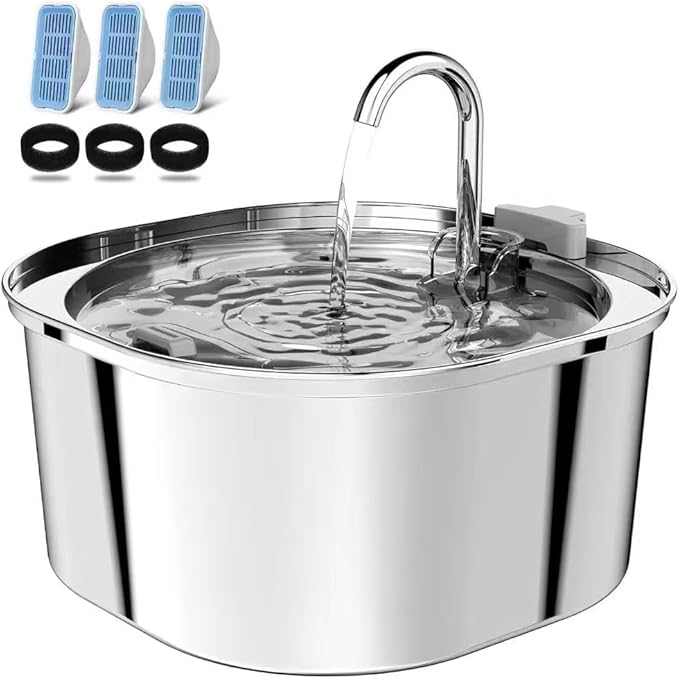 PEKTACO Cat Water Fountain, 3.2L/108oz Stainless Steel Pet Water Fountain for Cats Indoor, Dog Drinking Dispenser Metal Kitty Spout with 3 Filters+ 3 Sponges