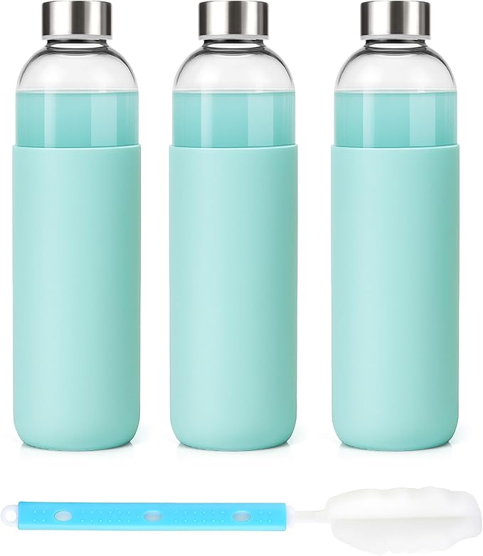 32 oz Glass Juice Bottles with Lids and Silicone Sleeve, Reusable Refillable Water Bottles for Juicing, Refrigerator,100% Leak Proof, BPA Free, Clear Glass Set of 3