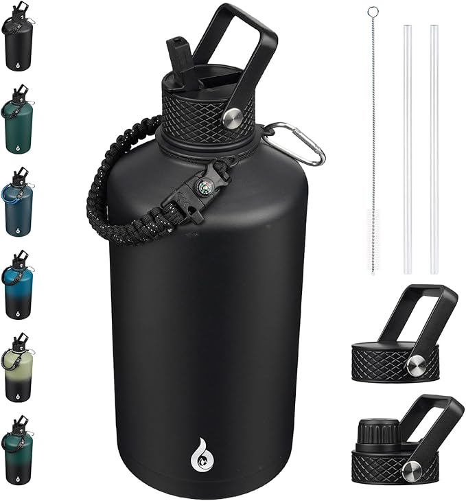 BJPKPK 1 Gallon Water Bottle with Straw Lid, 128oz Large, Stainless Steel Water Bottles with 3 Lids and Paracord Strap, Double Wall Vacuum Metal Water Jug, Black