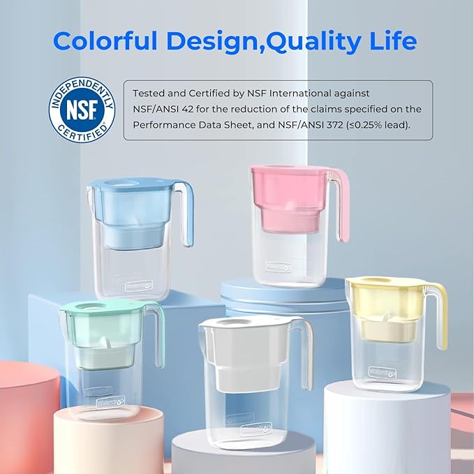 Waterdrop Water Filter Pitcher with 3 Filters, 5X Times Lifetime, Lasts 600 Gallon Long-Life, for Fridge, Countertop and Gift, Reduces PFOA/PFOS, Chlorine, 7-Cup Capacity, Elfin, Blue