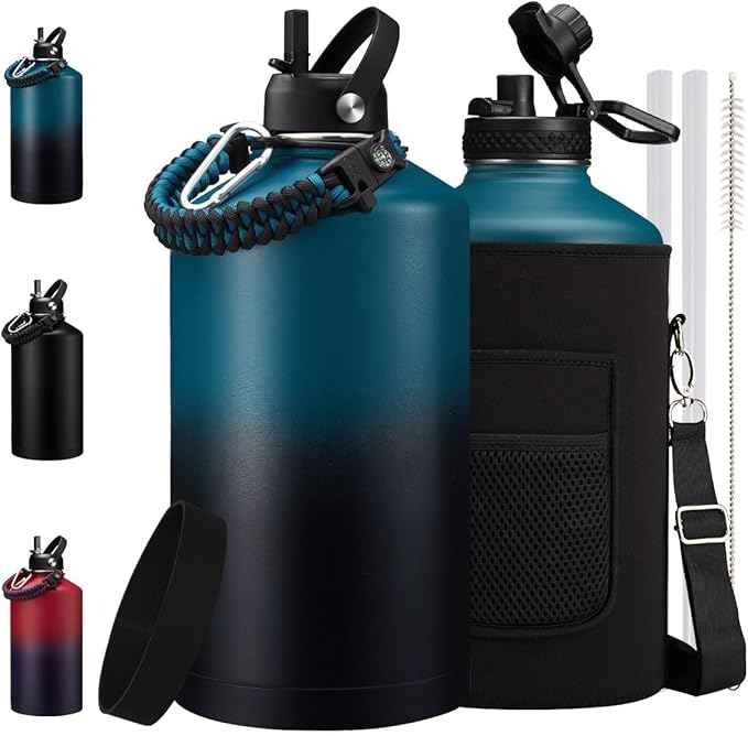 1 Gallon Insuated Water Bottle, (Keep Cold 48H), Leak Proof Food-Grade Stainless Steel Big 128 oz Water Jug With Straw Lid and Atuo Spout Lid, Portable Paracord Handle & Carrier Bag