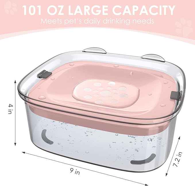AONKEY 3L Dog Water Bowl No Spill, 101oz Large Spill Proof Dog Bowl Reduce Refill, Anti Splash No Mess Dispenser Dripless Slow Drinking Water Bowl for Sloppy Messy Drinkers (Pink)