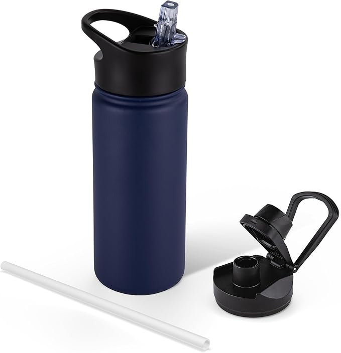 16 oz Insulated Water Bottle for School, Straw & Spout Lid, Keep Cold 24H, Spill Proof, BPA-Free, Double Wall Stainless Steel Kids Water Bottles for Sports, Gym, Travel, Navy Blue