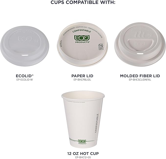 ECO PRODUCTS Compostable Disposable GreenStripe 12oz Coffee Cups, Case of 1000, White Single Wall Hot Paper Cup, Plant Based PLA Lining, Biodegradable