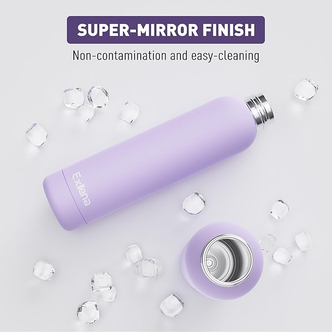 Exllena Slim Insulated Water Bottles for Travel 25oz with Clip, Double Wall Vacuum Stainless Steel Water Bottle Keeps Drinks Cold 24 Hrs/Hot 12 Hrs, 100% Leakproof, BPA Free(Purple)