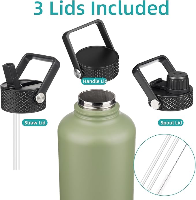 Insulated Water Bottle with Straw,50 oz 3 Lids Water Jug with Carrying Bag,Paracord Handle,Double Wall Vacuum Stainless Steel Metal Flask,Camp Green