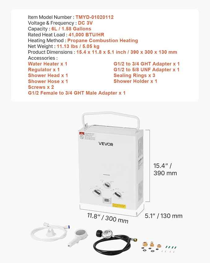 VEVOR 6L Portable Propane Water Heater, 41000 BTU 1.58 GPM Tankless Outdoor Instant Hot Water Heater, LED Screen, Overheat Protection with Accessory Set + Regulator for RV Camping Trips Cabins Barns