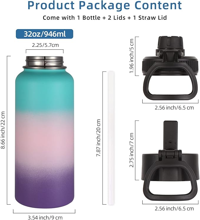 Volhoply 32 oz Water Bottle with Straw Lid & Spout Lid,Insulated Sports Water Bottle,Double Wall Vacuum Stainless Steel Cups,Leakproof Wide Mouth Metal Flask,Keeps Cold or Hot(Gradient Color,1)