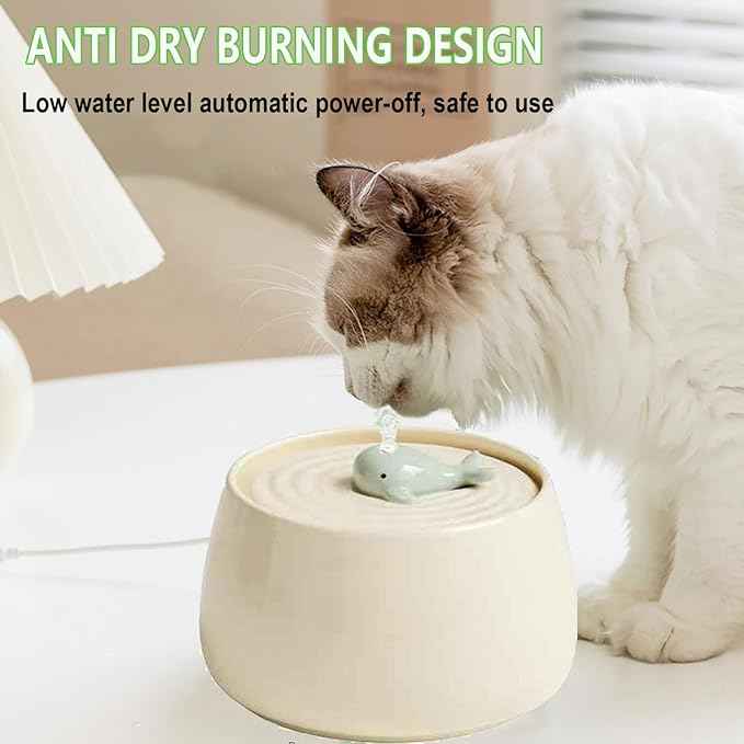 Ceramic Pet Feeding and Drinking Bowls, 1.3L/ 44oz Cat Water Fountain, Pet Drinking Fountain for Cats Dogs Indoor, Cat Water Dispenser with Filters, Silent Automatic Pet Water Fountain, Off White