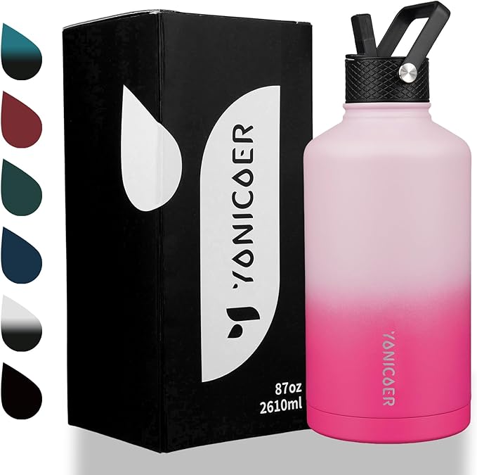 Insulated Water Bottle 87oz,Triple Wall Vacuum Stainless Steel(Dishwasher Safe),Leak Proof & Non-BPA,Flask Jug with Paracord Handle & Straw Spout Lids Sports Cherry Blossom