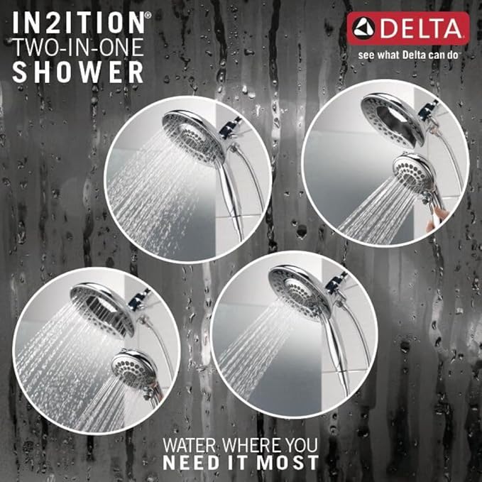 Delta Faucet 5-Spray In2ition 2-in-1 Dual Shower Head with HandHeld Spray, Chrome Hand Held Shower Head with Hose, Handheld Shower Heads, 2.5 GPM Shower Head, Chrome 58569-25-PK