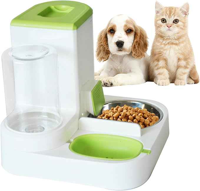 2 in 1 Automatic Cat Feeder & Water Dispenser,Gravity Pet Feeder Stainless Steel Food Water Bowl All-in-One Large Capacity Self Feeding for Cats Dogs Small Medium Pets(Green)