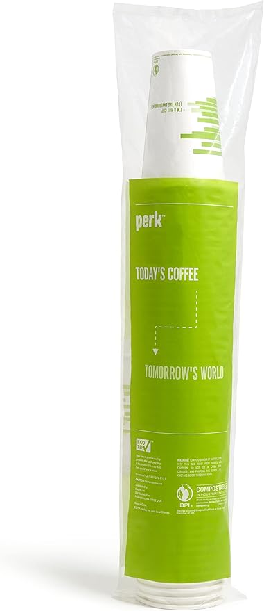 Perk Compostable Paper Hot Cups, 16 oz White/Green, Disposable Coffee Cups for Office & Catering
