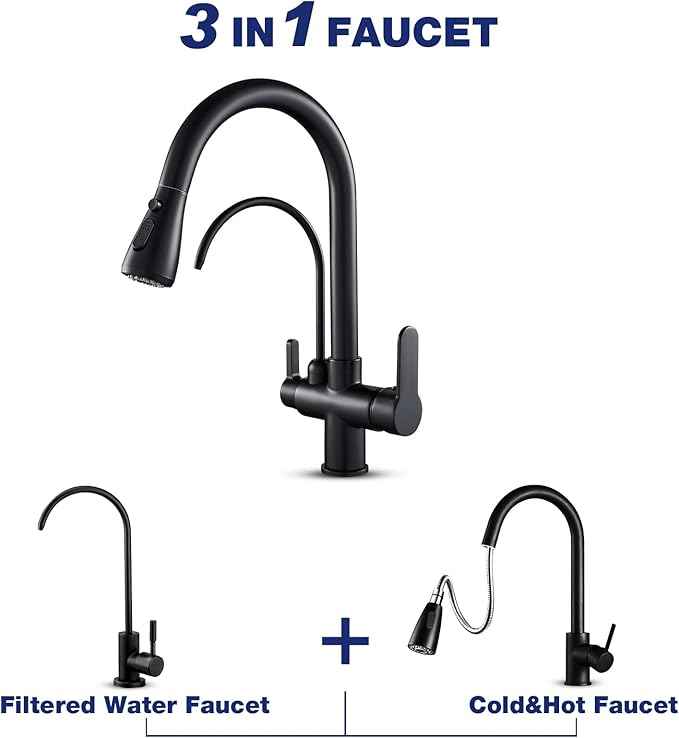 POPFLY Modern Kitchen Faucet with Drinking Water Faucet, 2 Handle 3 in 1 Water Filter Purifier Faucet with Pull Down Sprayer, Brass Body, Black