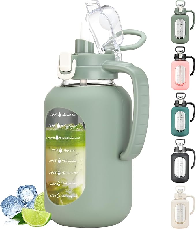 64 oz Glass Water Bottle with Handle and Straw Large 2L Water Bottle with Time Markers and Silicone Sleeve Half Gallon Water Jug BPA Free for Gym Daily Use