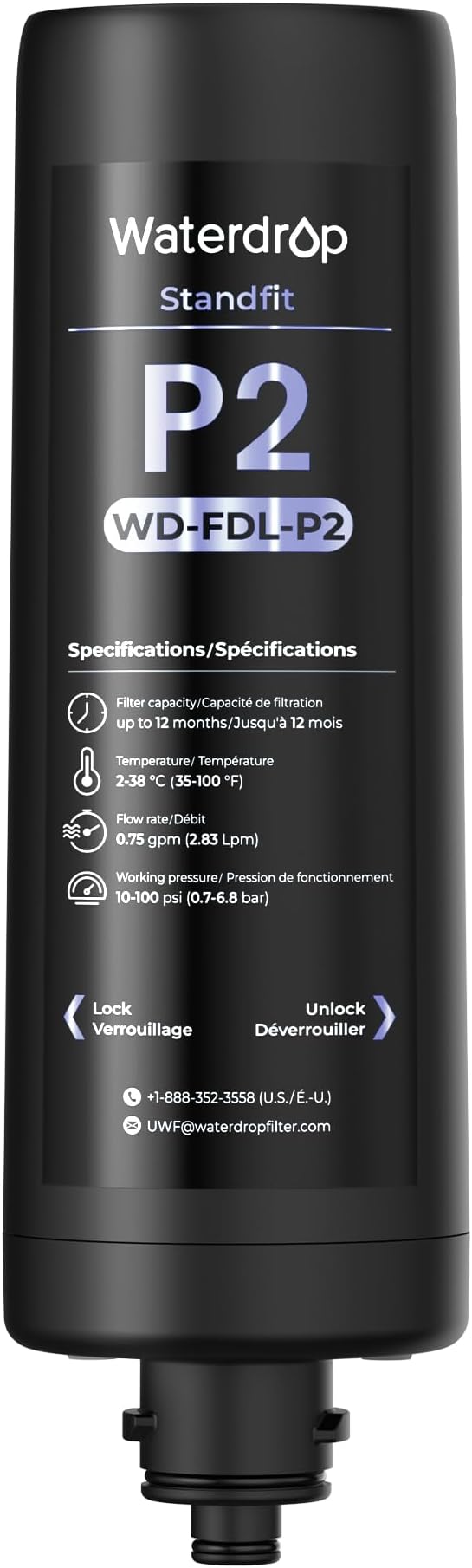 Waterdrop FDL-P2 Replacement Water Filter, Replacement for Waterdrop DLG-P Under Sink Water Filter, Under Sink Water Filtration System