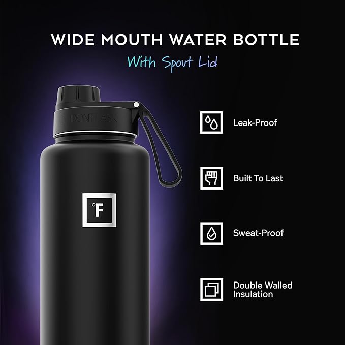 IRON °FLASK Camping & Hiking Hydration Flask with Spout, Wide Mouth Insulated Stainless Steel Sports Water Bottle - Dark Rainbow 40 oz - Spout (1 Lid)