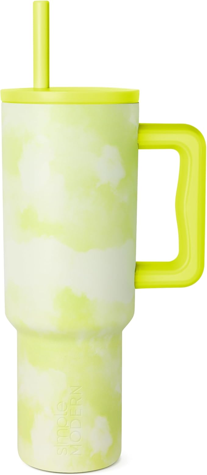 Simple Modern 40 oz Tumbler with Handle and Straw Lid | Leak-Proof Insulated Stainless Steel Water Bottle Travel Mug Cupholder Use | Gifts for Women Men Him Her | Trek Signature | Chartreuse Tie Dye