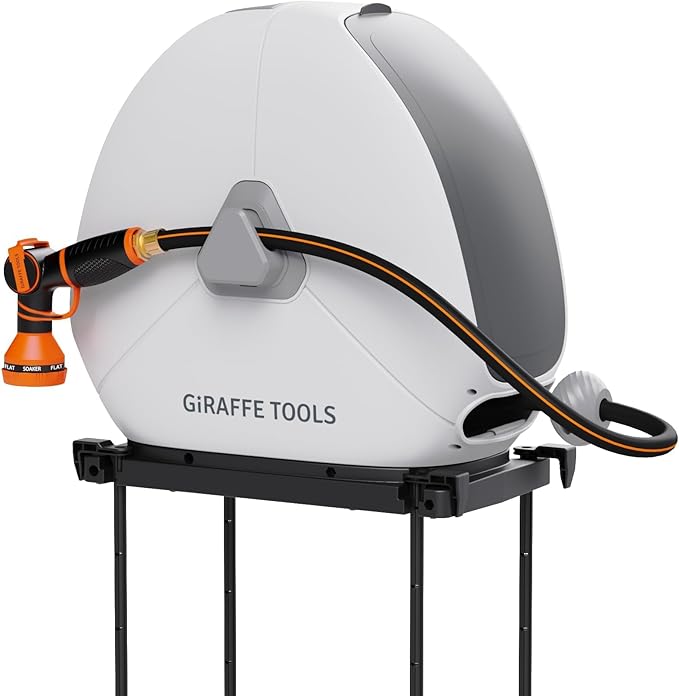 Giraffe Tools Ground Mounted Retractable Hose Reel 1/2 Inch x 82FT, Heavy Duty Automatic Rewind Garden Hose Reel, with Flexible Swivel Base for Lawn, Concrete Floor
