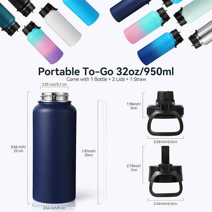 Neihepal 32 oz Insulated Water Bottle with 2 Lids (Straw & Spout Lid), 18/8 Stainless Steel Double Wall Water Bottles for Gym, Travel, Camping, Sports (Navy,1 Pack)