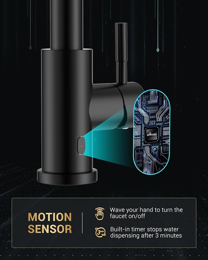 APPASO Matte Black Touchless Kitchen Faucet with Pull Down Sprayer – Hands-Free Motion Sensor, 2 Spray Modes, Built-in Soap Dispenser, High Arc Stainless Steel for Kitchen Sink