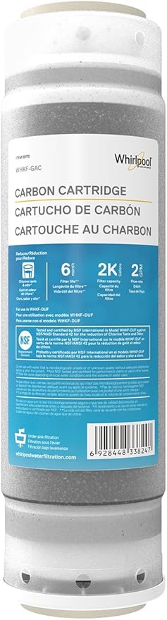 Whirlpool Granular Activated Carbon 10" x 2.5" Replacement Water Filter WHKF-GAC, Reduces Chlorine, Bad Taste & Odor, Use with Home Under Sink Drinking Water Filtration or Reverse Osmosis System