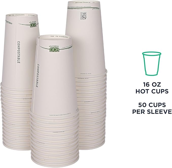 ECO PRODUCTS Compostable Disposable GreenStripe 16oz Coffee Cups, Pack of 50, White Single Wall Hot Paper Cup, Plant Based PLA Lining, Biodegradable