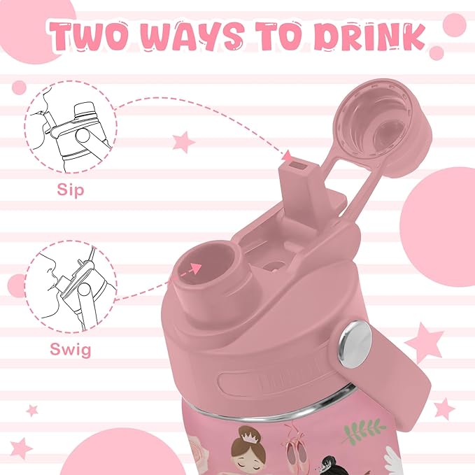 Gift for Ballerina Girls, 18oz Ballet Water Bottle with 2-in-1 Straw and Spout Lid, Dancer Dancing Kids Insulated Stainless Steel Tumbler Cup, Ballerina Gifts for School Teens Girls
