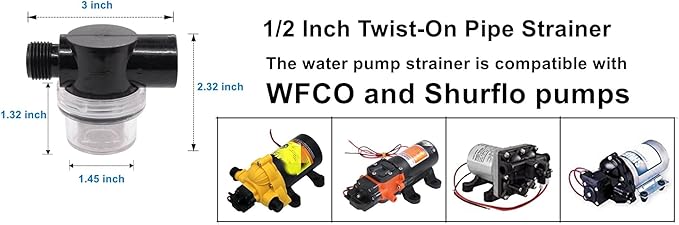Twist-On Pipe Water Pump Strainer,RV Water Pump Filter Compatible With Shurflo Or Wfco,1/2" Npsm Inlet/Outlet With 80 Mesh Stainless Steel Filter Screen For RV Marine Replacement 2 Pack